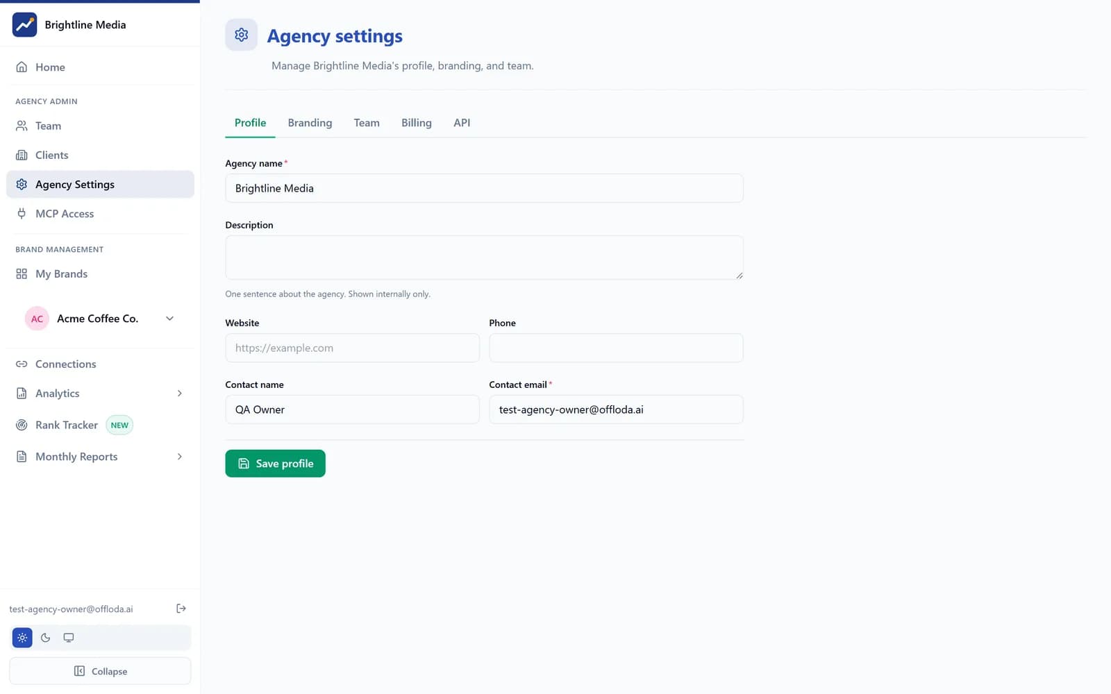 Offloda agency branding settings — logo, colors and custom domain