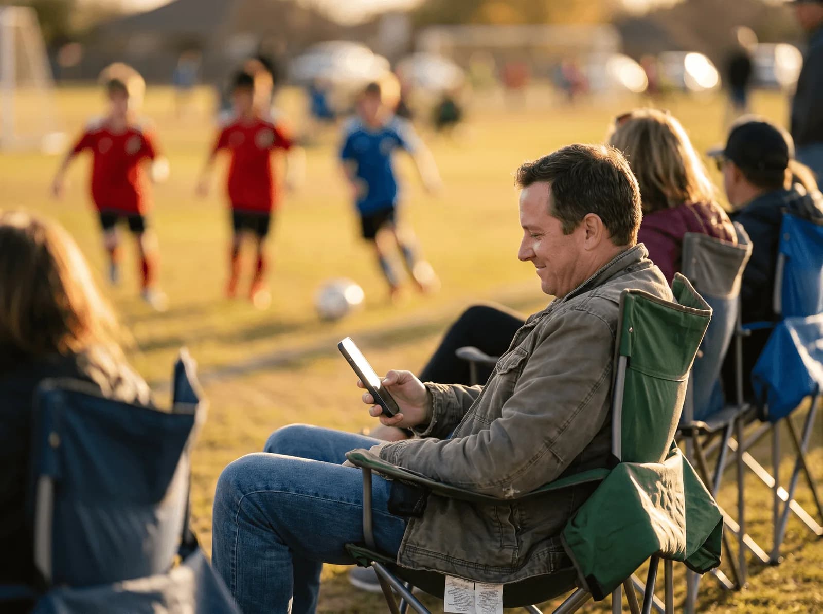 A parent at the sideline of a kids' soccer game, phone in hand, game in soft focus