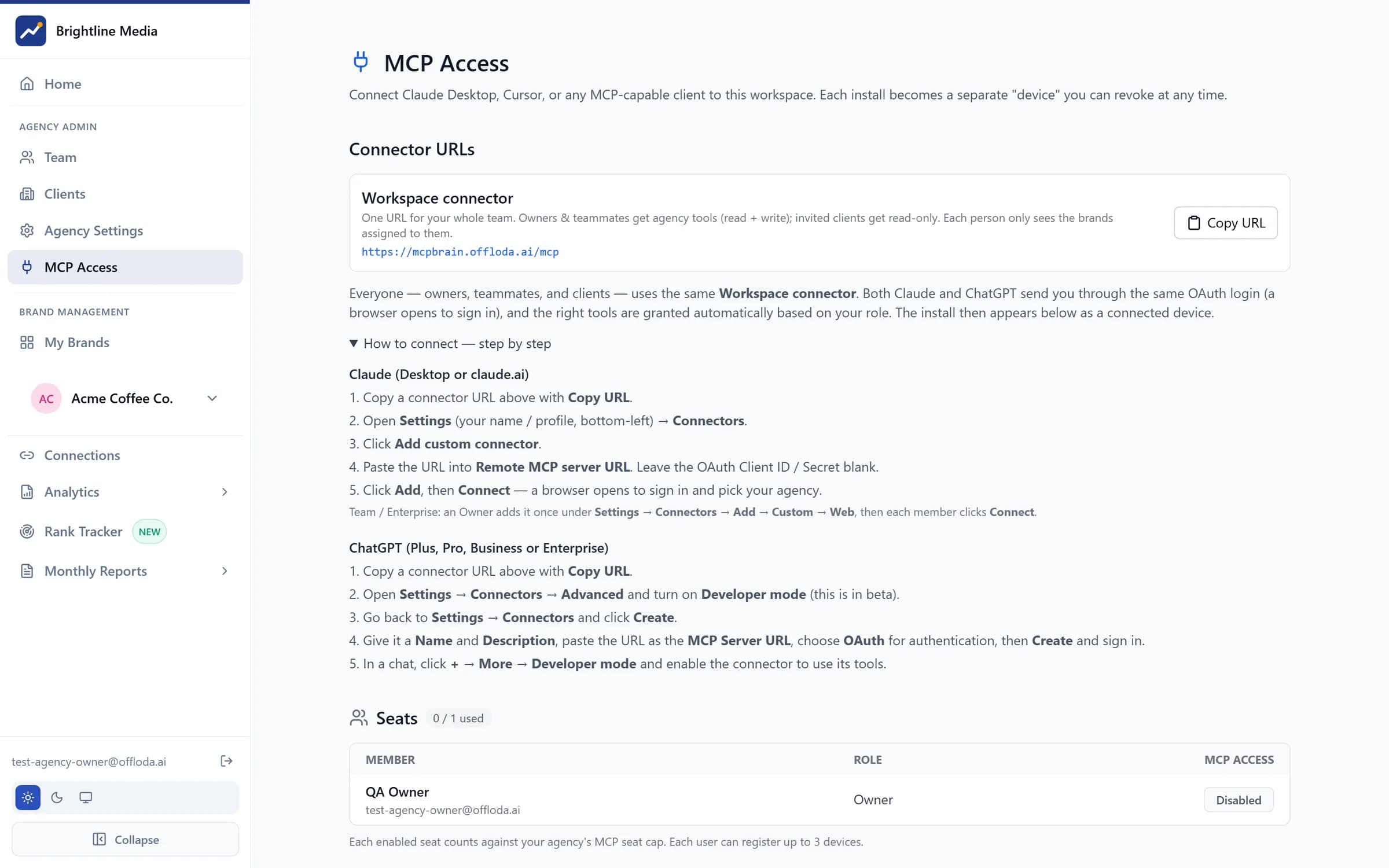 The MCP Access page in Offloda — the connector address and per-seat scoping for AI surfaces