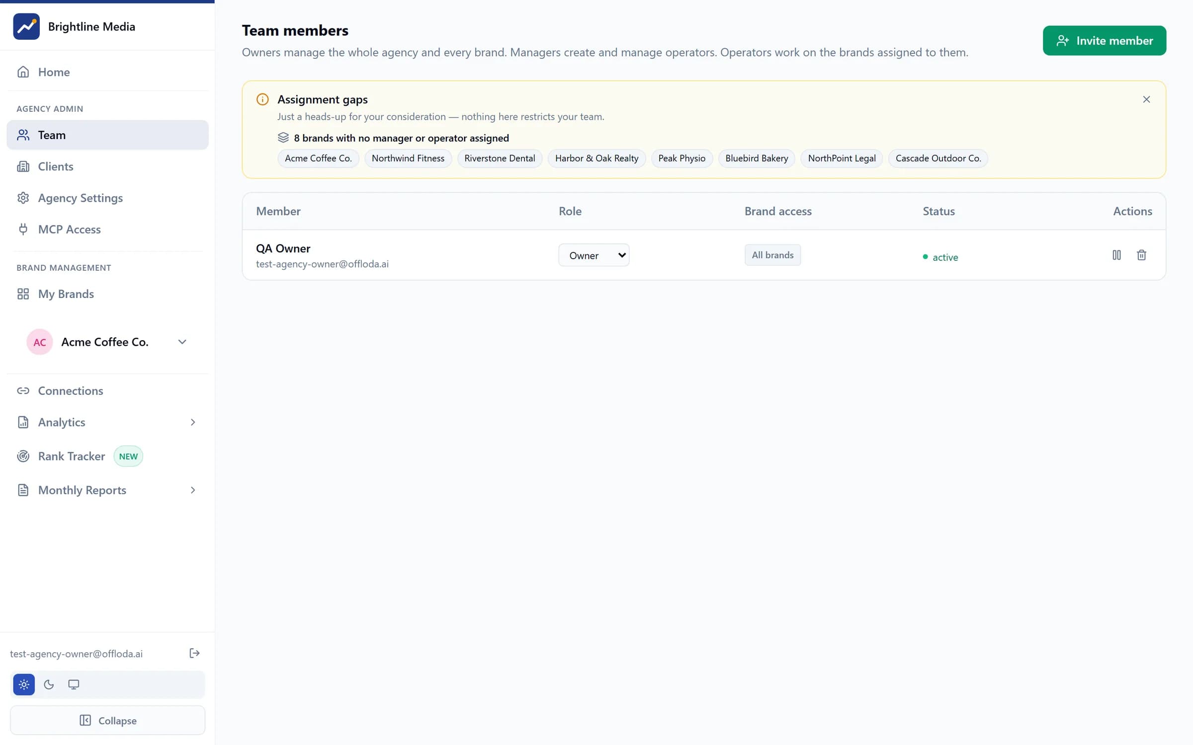 Team management in Offloda — per-seat roles with brand and platform scoping